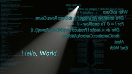 Hello World text is spotted by a spot light in a programming editor on a black computer monitor (3D Rendering)
