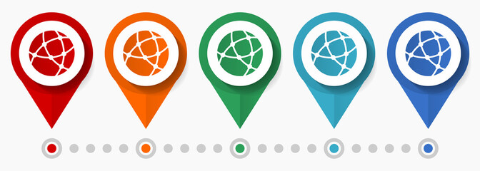 Poster - Web, internet concept vector icon set, flat design globe pointers, infographic template