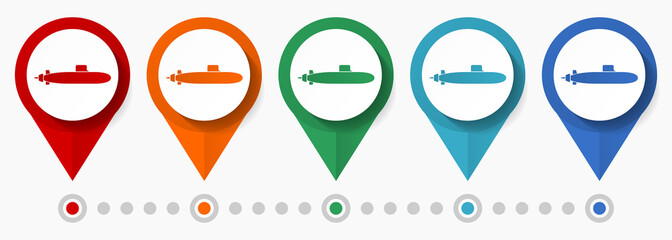 Poster - Submarine, army concept vector icon set, flat design pointers, infographic template