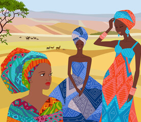 Wall Mural - three african lady in colorful dress standing against summer lan