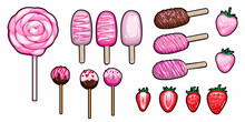 Set Of Pink Sweets, Lollipop And Strawberries