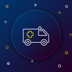 Sticker - Line Ambulance and emergency car icon isolated on blue background. Ambulance vehicle medical evacuation. Colorful outline concept. Vector