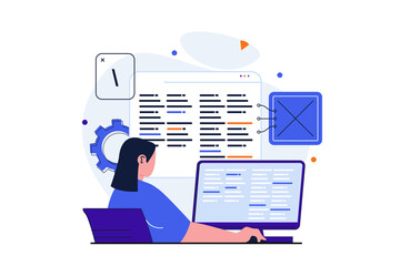 Leinwandbilder - Programmer working modern flat concept for web banner design. Woman writes code, programs on computer screen, tests and optimizes software in office. Vector illustration with isolated people scene