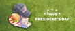 Burger and drinks on green grass. Outdoor.USA flag. Happy presidents day.