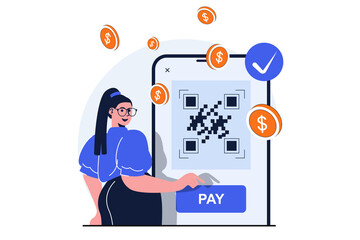 Fototapete - Secure payment modern flat concept for web banner design. Woman buys securely on Internet and makes transaction using QR code on smartphone application. Vector illustration with isolated people scene