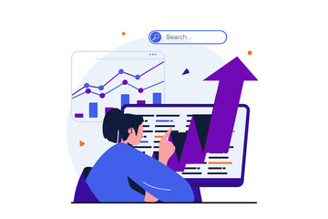 Fototapete - Seo analysis modern flat concept for web banner design. Man with magnifier analyzes data and search results, improves rankings and optimizes site. Vector illustration with isolated people scene