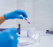© romaset - Hands in blue glove holding glass histology slides