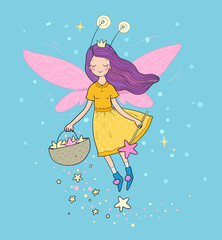 Wall Mural - Cute cartoon fairy.Little Flower elf. Little girl with wings.