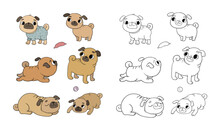 Cute Cartoon Pug Set. Cheerful Funny Dog Picture For The Veterinarian. Vector Illustration. Clothing For Puppies. Illustration For Coloring Books. Monochrome And Colored Versions. 