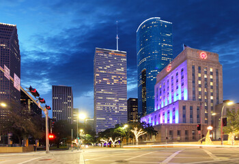 Wall Mural - Houston - Skyline Panorama of City Hall and Downtown, Texas by night, USA