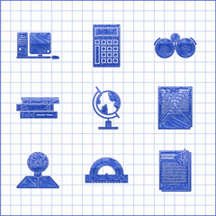 Poster - Set Earth globe, File document and paper clip, Exam with incorrect answers survey, Student, Office folders papers documents, Ringing alarm bell and Computer monitor keyboard mouse icon. Vector