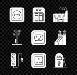 Poster - Set Electrical outlet, Battery in pack, Coal power plant and factory, extension cord, car charging station, High voltage pole line and the USA icon. Vector