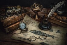 Steampunk Atmosphere, Desk With Submarine Map With Old Accessories To Create The Office Of Jules Verne
