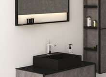 Black Bathroom Sink Standing On A Wooden Bathroom Furniture. A Square Mirror Hanging On A White Wall. A Close Up. Side View. 3d Rendering