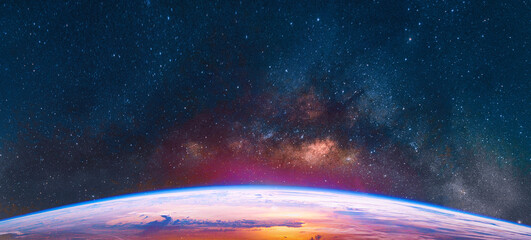 Wall Mural - landscape with milky way galaxy. sunrise and earth view from space with milky way galaxy. (elements 