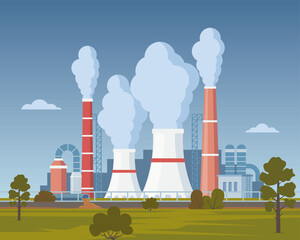 Highly polluting factory plant with smoking towers and pipes. Carbon dioxide emissions. Environment contamination. Flat style vector illustration.