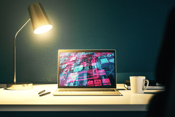 Poster - Modern computer display with abstract programming language hologram, artificial intelligence and machine learning concept. 3D Rendering