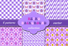 Flower Power And Checkerboard Print, Seamless Pattern Distortion Set In Very Pery Lilac. 1970's Groovy Design With Geometric Tiled Flowers. Trendy Hipster Backgrounds Collection. Vector Illustration