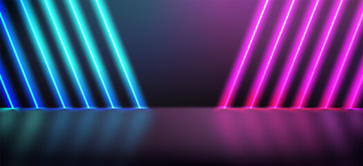 Poster - Dark room with purple and blue diagonal neon lights. 3d vector showcase with copy space