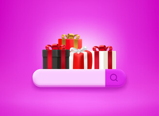 Poster - Searching for holiday presents. Gift boxes with searching tab. 3d vector illustration