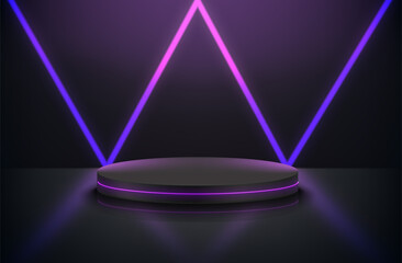 Poster - Deep black room with podium and neon lights. 3d vector premium showcase for display products