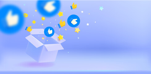 Aufkleber - Open box with confetti and thumbs up symbols. 3d vector banner with copy space