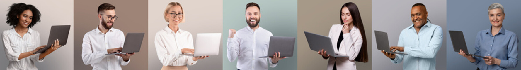 Poster - Multiracial businessmen and businesswomen with laptops posing over pastel studio backgrounds, collage, panorama