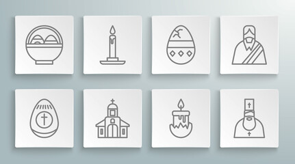 Sticker - Set line Easter egg, Burning candle in candlestick, Church building, Priest, Cracked, Jesus Christ and Basket with easter eggs icon. Vector