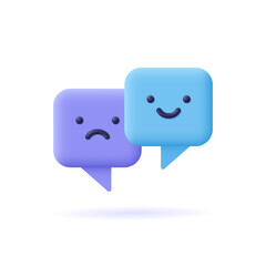 Speech bubbles with emoticons. 3d vector icon. Happy and sad facial symbols, emojis. Cartoon minimal style.