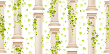 Greek Ivy Pillar Pattern. Vector Ancient Column Seamless Background. Architecture Roman Greek Illustration With Ivy Plant. Antique Design From Rome And Greece Classic Column Buildings. Wedding Pattern