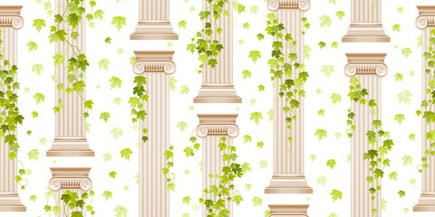 Wall Mural - Greek ivy pillar pattern. Vector ancient column seamless background. Architecture roman greek illustration with ivy plant. Antique design from rome and greece classic column buildings. Wedding pattern