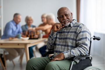 Wall Mural - Disabled african american senior man in wheelchair feeling lonely