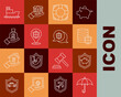 © Oksana - Set line Umbrella, Piggy bank with shield, Money, Lifebuoy, Location, in hand, Ship and icon. Vector