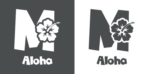 Poster - Logotipo texto Aloha con letra M en tipografía tiki con silueta de flor de hibisco en fondo gris y fondo blanco	