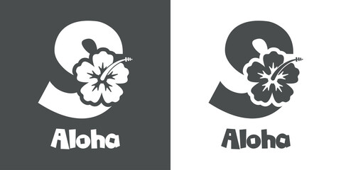 Poster - Logotipo texto Aloha con letra S en tipografía tiki con silueta de flor de hibisco en fondo gris y fondo blanco	