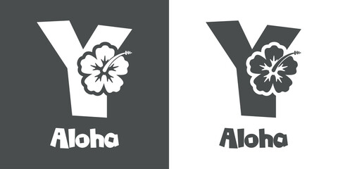 Poster - Logotipo texto Aloha con letra Y en tipografía tiki con silueta de flor de hibisco en fondo gris y fondo blanco	