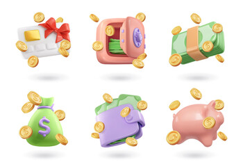 Money 3d render vector icon set. Credit card, safe, paper money, bag, wallet, piggy bank and coins