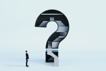 Aufkleber - Businessman looking at abstract question mark with stairs inside on white background. Challenge and career growth concept.