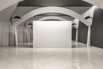Modern exhibition hall interior with concrete wall and floor, blank mock up place. Gallery concept. 3D Rendering.