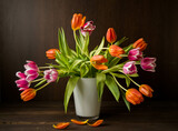 Fototapeta Tulipany - pink and orange colored tulips in vase in front of a dark brown wooden wall