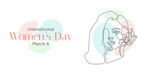 Poster - International Women's Day holiday illustration. Woman face with flower in one continuous line drawing. Female portrait in linear style for web banner or greeting card. Doodle Vector illustration