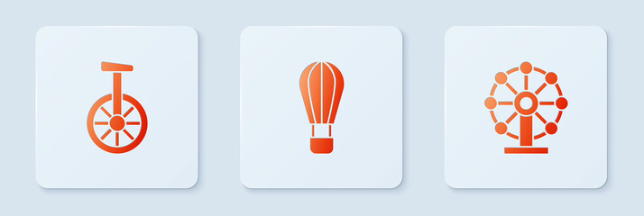 Poster - Set Hot air balloon, Unicycle or one wheel bicycle and Ferris. White square button. Vector