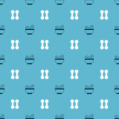 Sticker - Set Salad in bowl and Dumbbell on seamless pattern. Vector