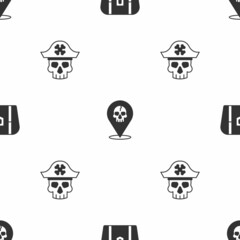 Canvas Print - Set Antique treasure chest, Location pirate and Pirate captain on seamless pattern. Vector