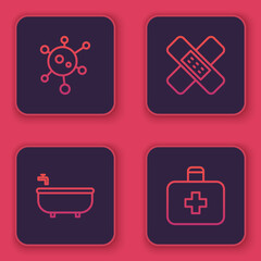 Wall Mural - Set line Virus, Bathtub, Crossed bandage plaster and First aid kit. Blue square button. Vector