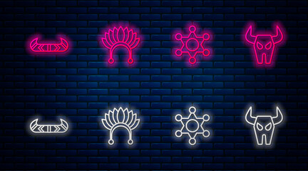 Poster - Set line Indian headdress with feathers, Hexagram sheriff, Kayak or canoe and paddle and Buffalo skull. Glowing neon icon on brick wall. Vector