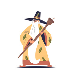 Old sorcerer man with magic staff stick wearing wizard costume tell spell. Senior bearded magician