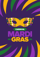 Mardi Gras Carnival in New Orleans. Fat Tuesday. Traditional folk festival with parade and celebration. Annual holiday. Costume masquerade, fun party. Carnival mask. Poster, card, banner. Vector