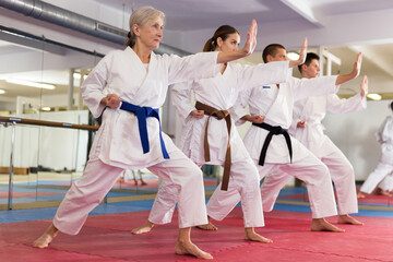 Karate or taekwondo training - athletes in kimono stand in a fighting stance