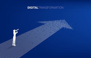 Poster - Silhouette of businessman and telescope standing on the arrow from pixel. concept of digital transformation of business.